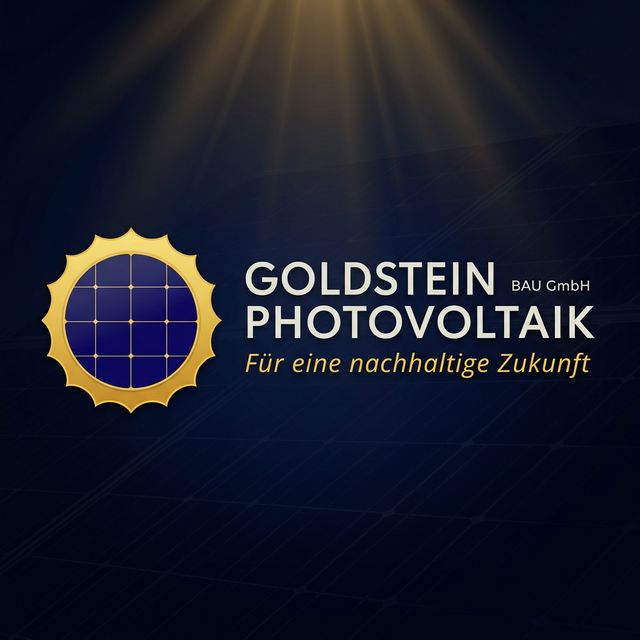 Goldstein Bau GmbH Photovoltaik – Für eine nachhaltige Zukunft. Goldenes Sonnenemblem mit Solarzellen auf dunkelblauem Hintergrund.